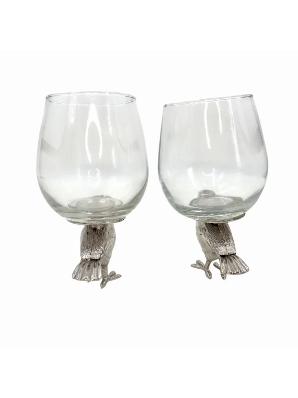 NWOT SILVER METAL RAVEN CROW 2 STEMLESS WINE GLASSES EDGAR ALLAN POE HALLOWEEN